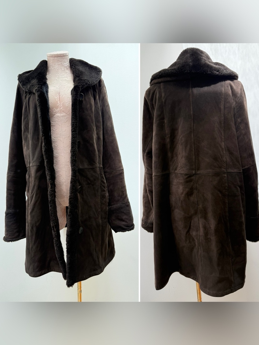MARCO GIANOTTI Chocolate Brown Genuine Shearling Fur Long Coat M L